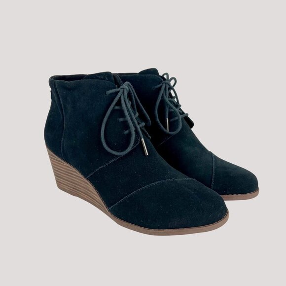 Toms Womens Clare Wedge Ankle Boot Black Suede Leather Lace Up size 9 - Picture 1 of 15